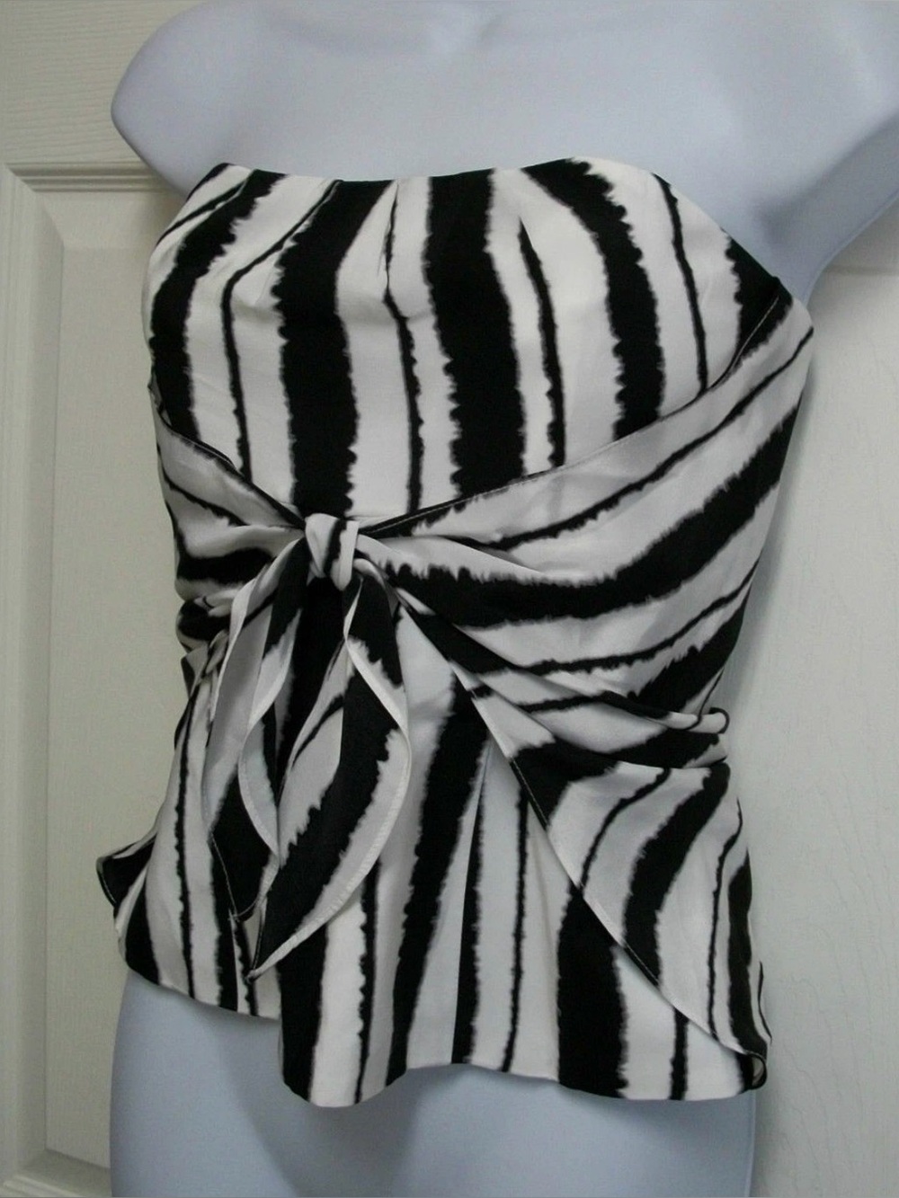 White House Black Market Black and White Striped Silk Tube Strapless Top